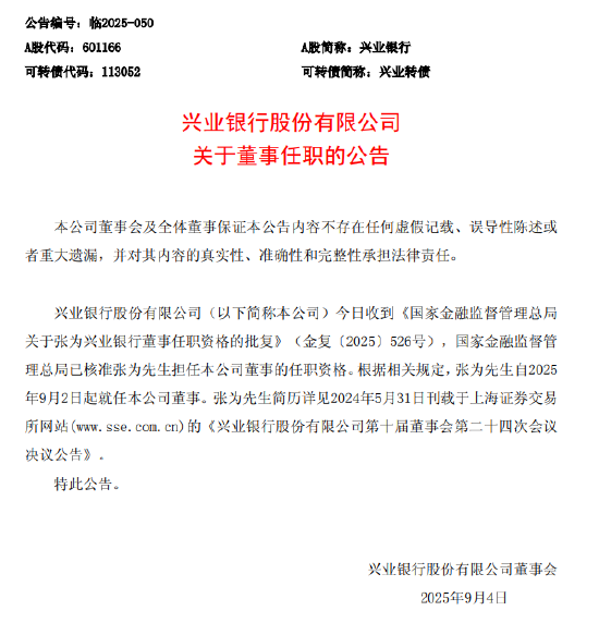 51配资 兴业银行：董事张为的任职资格获核准